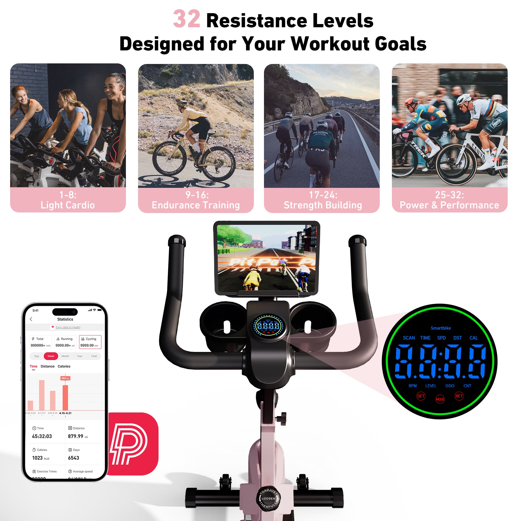 DeerRun S500 Indoor Adjustable Magnetic Resistance Silent Belt Smart Cycling Bike with PitPat App - Pink