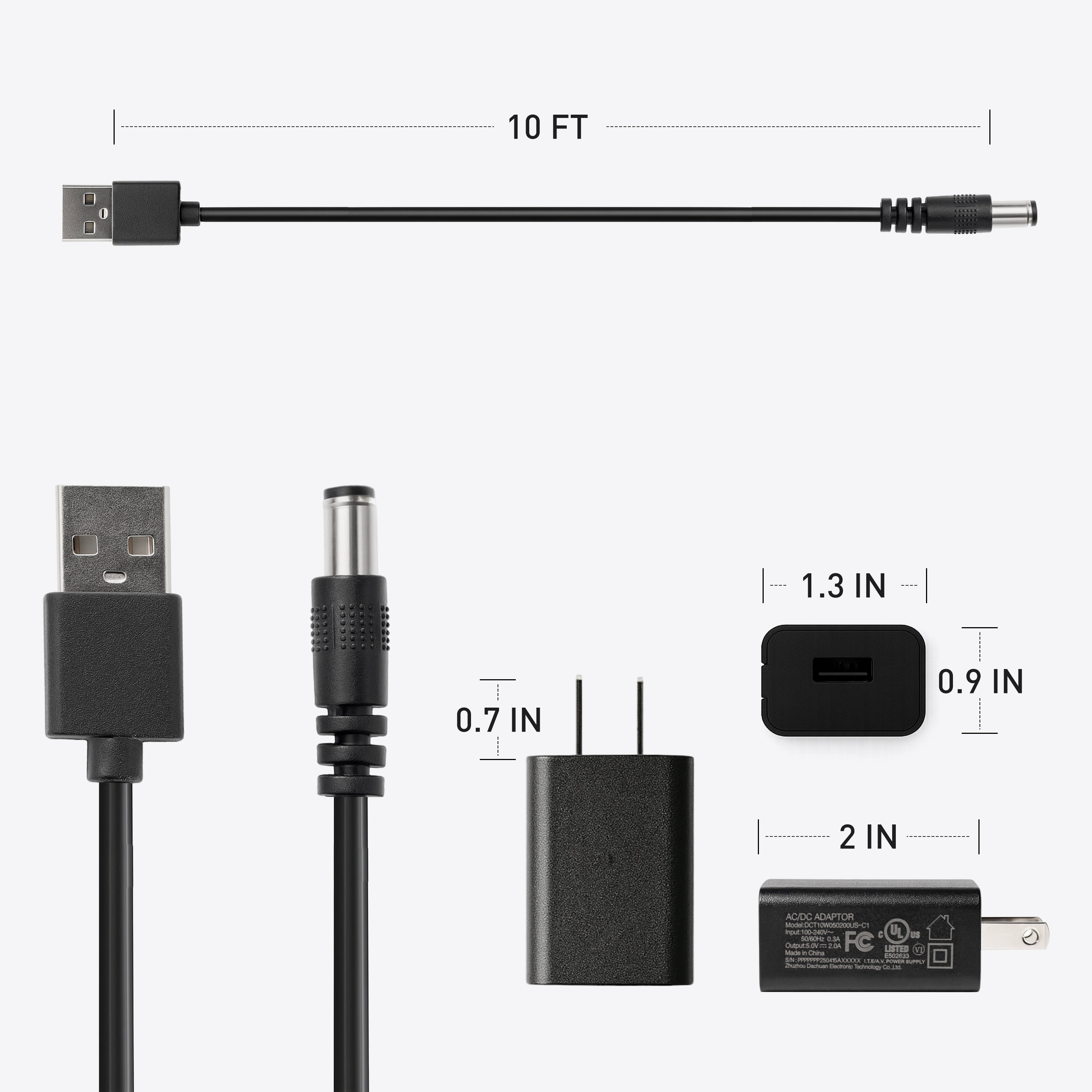 DeerRun® Bike Extension Cord, 10 ft, 5V 2A, with Adapter